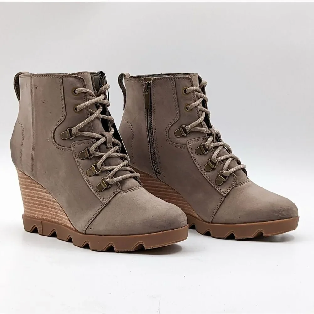 Sorel Joan Uptown Waterproof Wedge Bootie in mushroom. 8.5